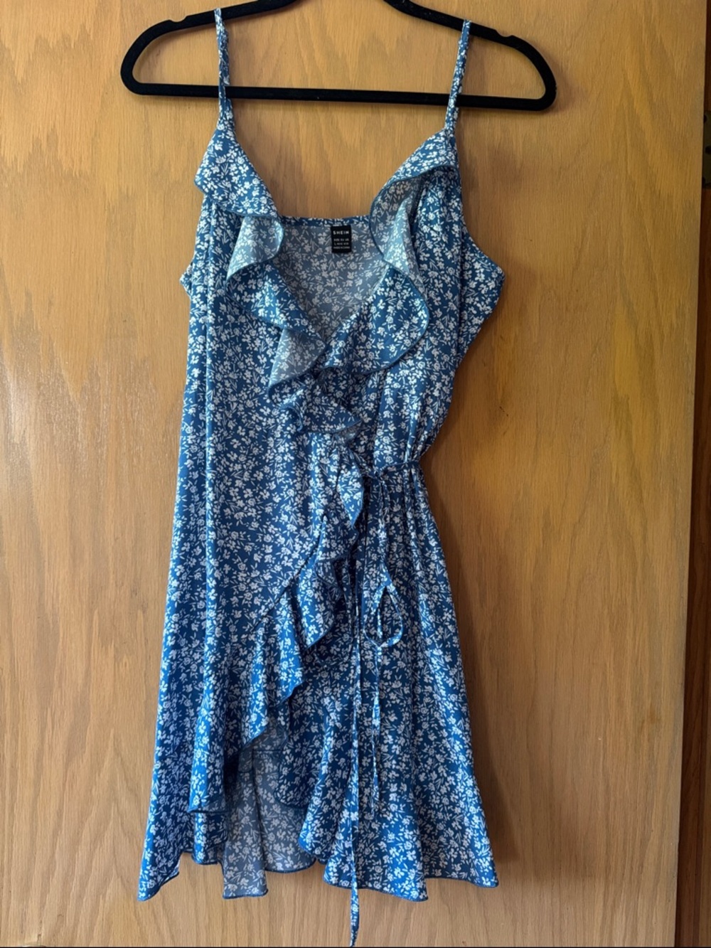SHEIN Blue Floral Ruffle Wrap Mini Dress
